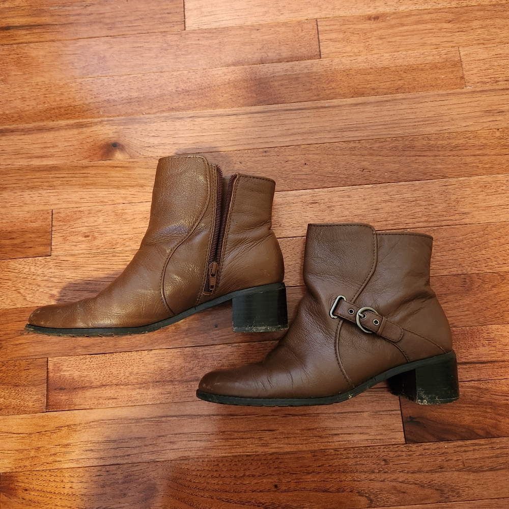 Brown Real Leather Heeled Boots with Buckle